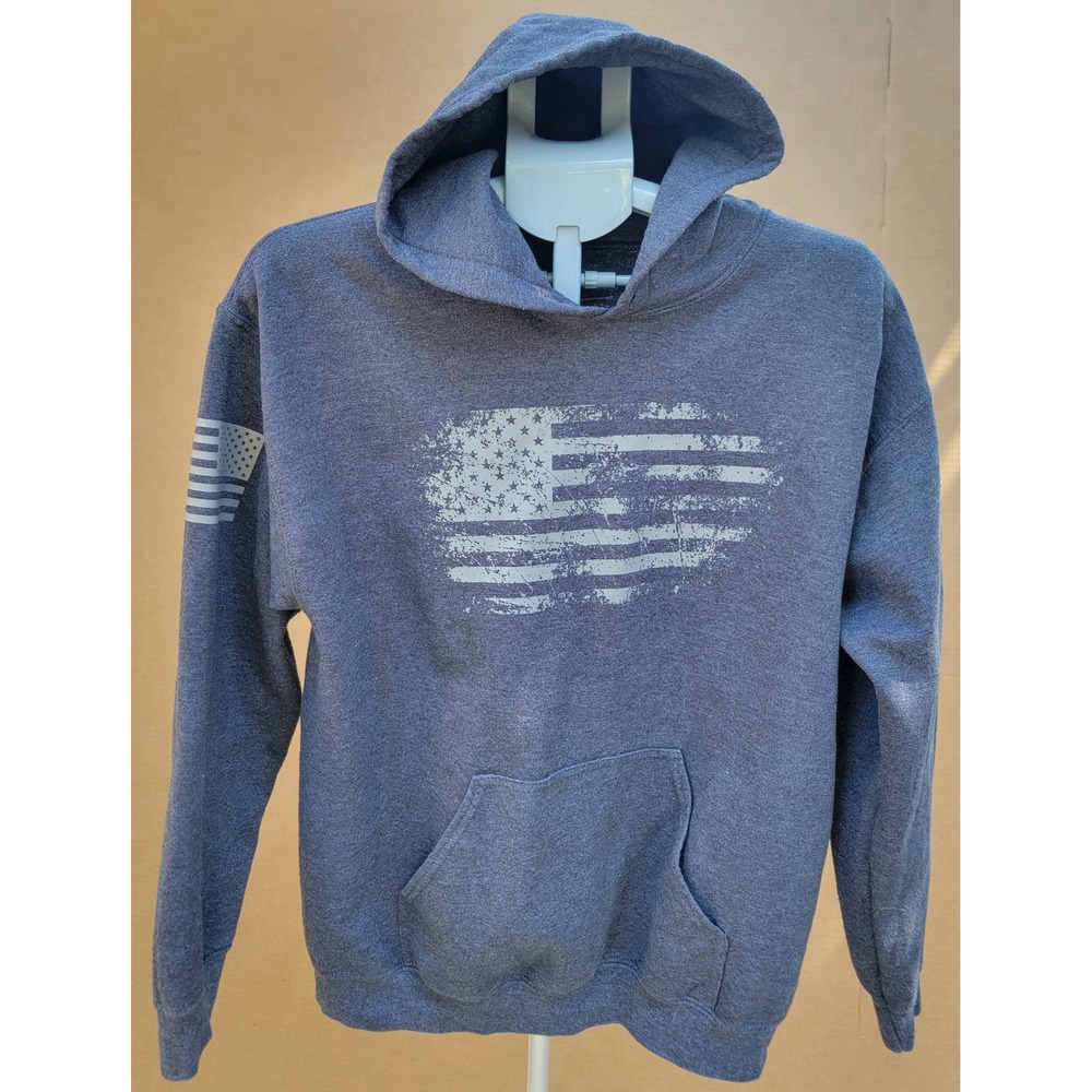 Grunt Style Mens Distressed American Flag Pullover Hoodie Charcoal Grey Blue Med
